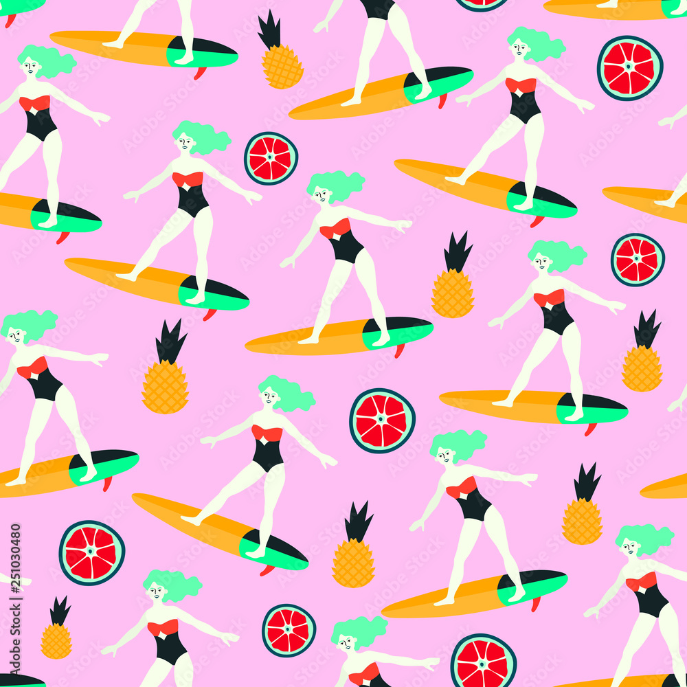 Vector illustration of a girl surfer with fruits on a pink background. Seamless pattern that can be used for wrapping, fabric, textile and interior decor. Summer theme background. Vector illustration of a girl surfer with fruits on a pink background. Seamless pattern that can be used for wrapping, fabric, textile and interior decor. Summer theme background.
