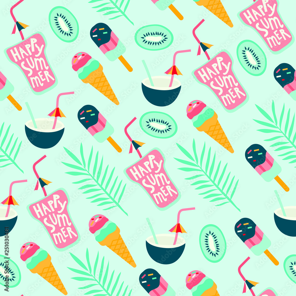 Vector illustration of ice cream, cocktails and fruits with floral elements. Seamless pattern that can be used for wrapping, fabric, textile and interior decor. Summer theme background. Vector illustration of ice cream, cocktails and fruits with floral elements. Seamless pattern that can be used for wrapping, fabric, textile and interior decor. Summer theme background.