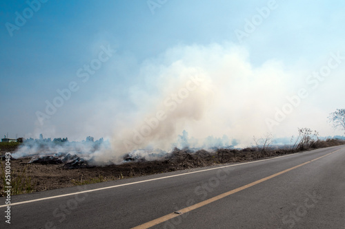 Dense dust and smoke from burning stubble in post-harvest agricultural areas © Satakorn