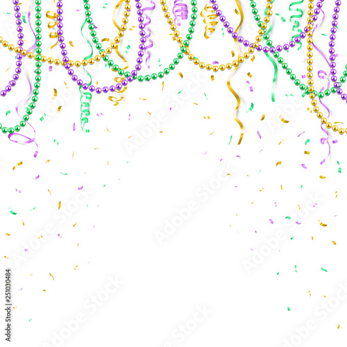 Mardi Gras background template, festive banner, colorful beads and confetti, vector illustration