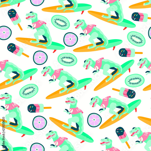Vector illustartion of a dinosaur surfer with fruits and ice cream. Seamless pattern that can be used for wrapping, fabric, textile and interior decor. Summer theme background.