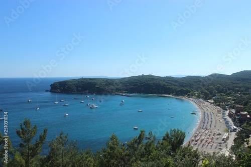 View of Valtos beach from the hill of the village of Parga in Preveza, Epirus Greece at summer 
