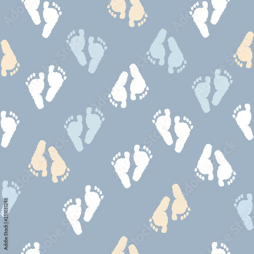 Baby foot prints baby shower seamless blue background pattern