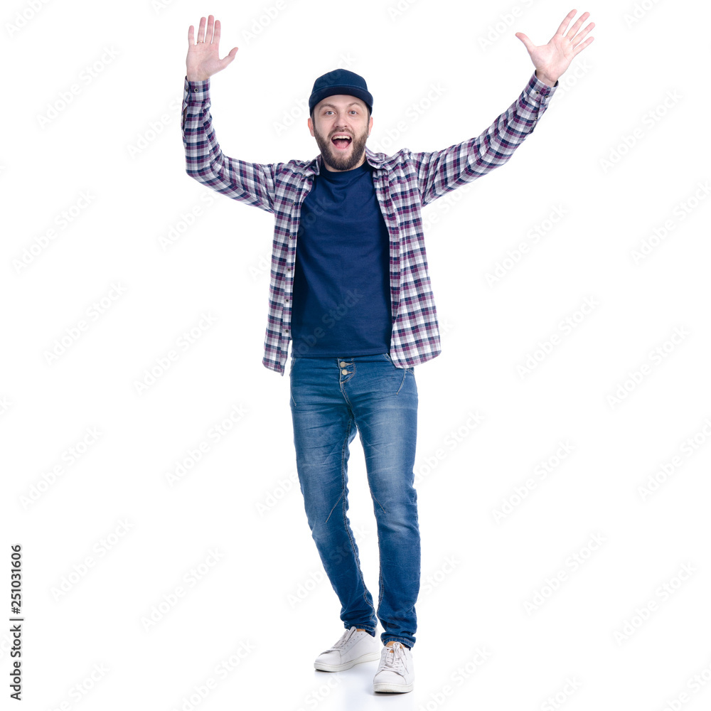 Man in jeans, shirt and cap standing smiling happiness hands up on white background isolation Man in jeans, shirt and cap standing smiling happiness hands up on white background isolation