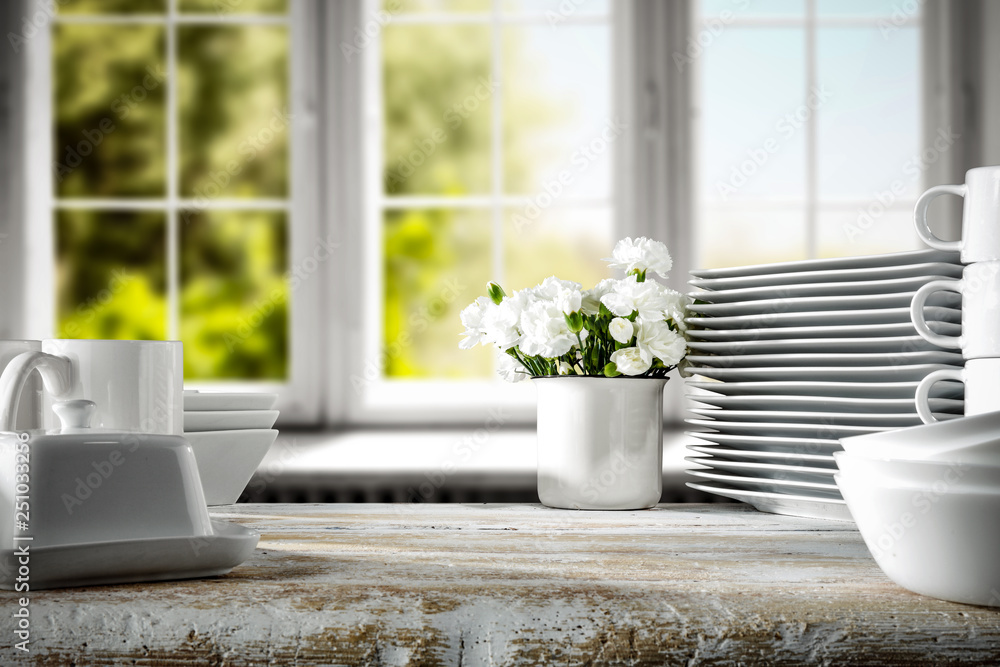 White wooden desk and window of spring time. White wooden desk and window of spring time.