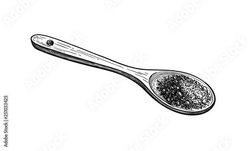 Wooden spoon with cocoa powder. 