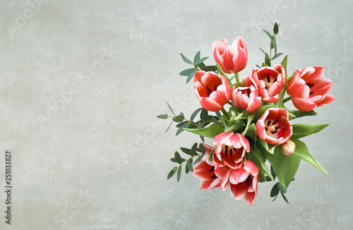 Bunch of red tulips and eucalyptus leaves on grey background, top view, text space