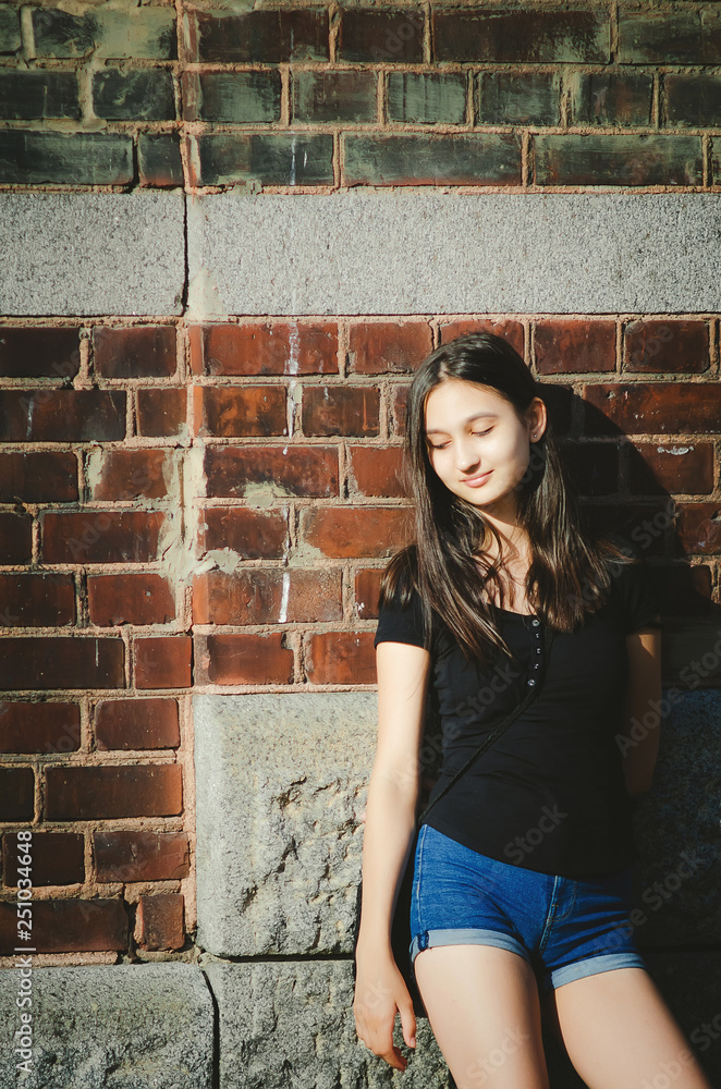 Beautiful long-haired girl on brick wall background. Beautiful long-haired girl on brick wall background.
