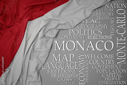 waving colorful national flag of monaco on a gray background with important words about country