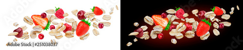 Flying oat flakes with berries isolated on white and black backgrounds