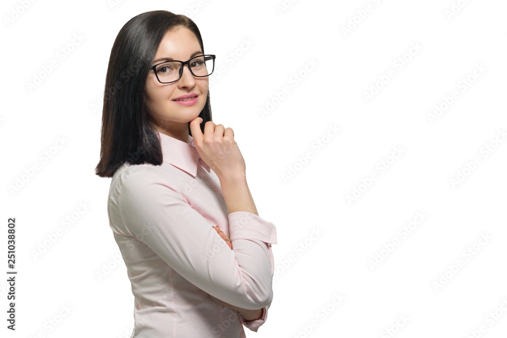 Confident young business woman in glasses pink shirt on white isolated background, copy space Confident young business woman in glasses pink shirt on white isolated background, copy space