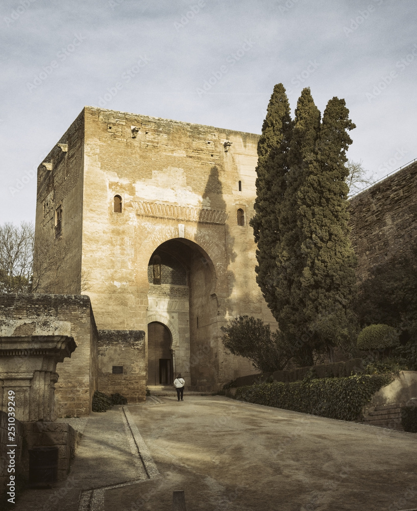 Gateway to the Alhambra monument called Puerta de la Justicia (Justice Gate).  Of the four gates in the Alhambra walls, it is most impressive is the Gate of Justice, built in 1348.