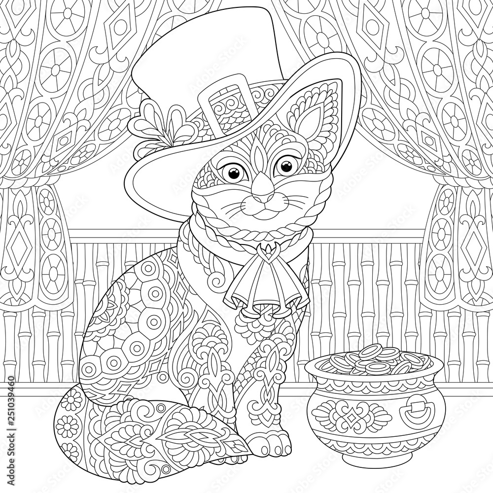 St. Patrick Day zentangle cat coloring page Stock Vector | Adobe Stock