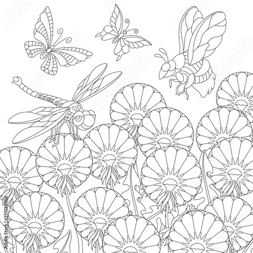 zentangle coloring page insects and dandelion flowers