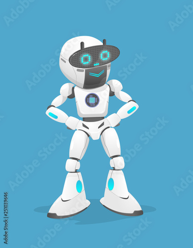 Cute character of white robot on blue