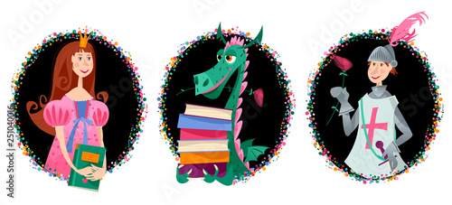 Portraits of Princess, knight with a rose and dragon with books. Diada de Sant Jordi (the Saint George’s Day). Dia de la rosa (The Day of the Rose). Dia del llibre (The Day of the Book). Traditional f