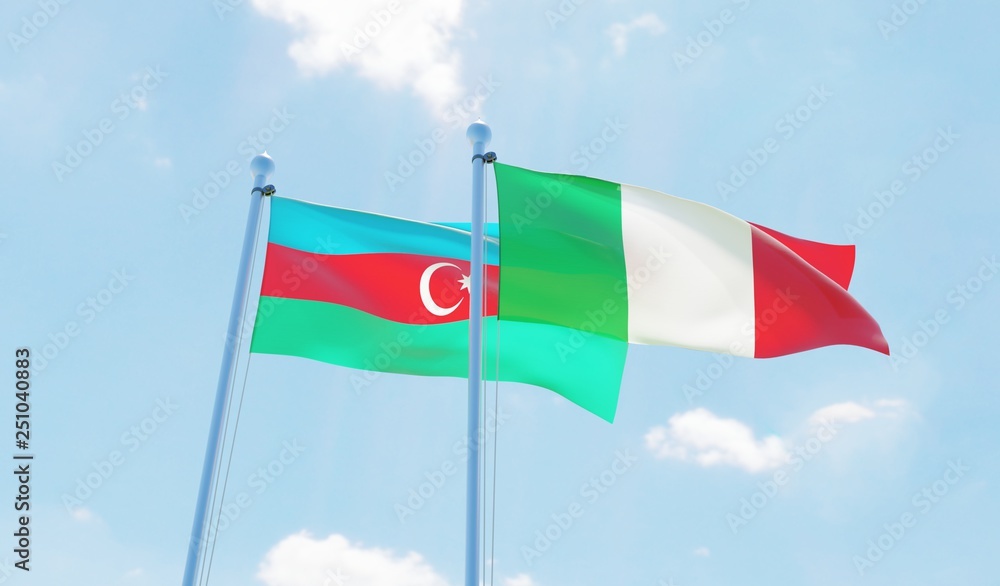 Italy and Azerbaijan, two flags waving against blue sky. 3d image Italy and Azerbaijan, two flags waving against blue sky. 3d image