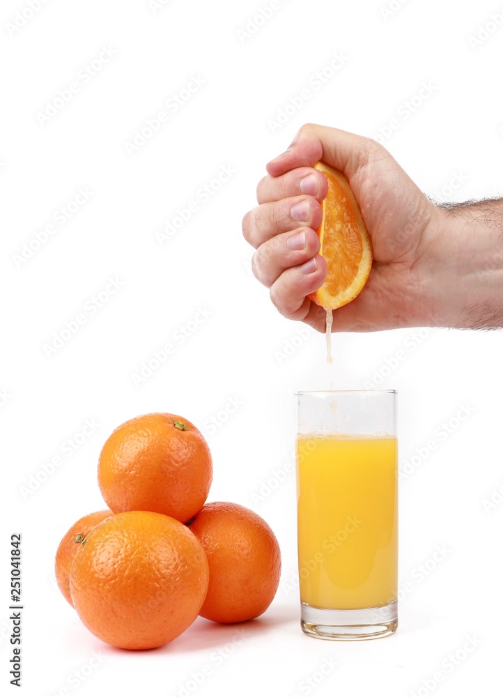 fresh squeezed orange juice with hand squeezing orange - glass with fresh squeezed  orange juice and oranges isolated on white Stock Photo | Adobe Stock