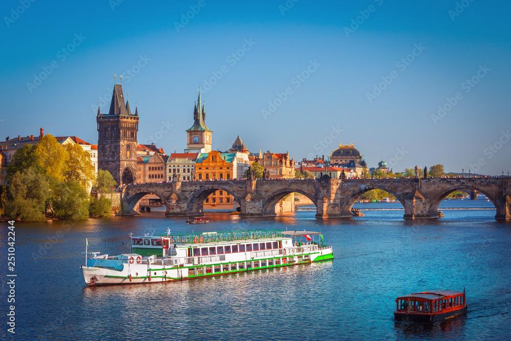 Fototapeta premium Scenic view on Vltava river and historical center of Prague,buildings and landmarks of old town, Prague, Czech Republic
