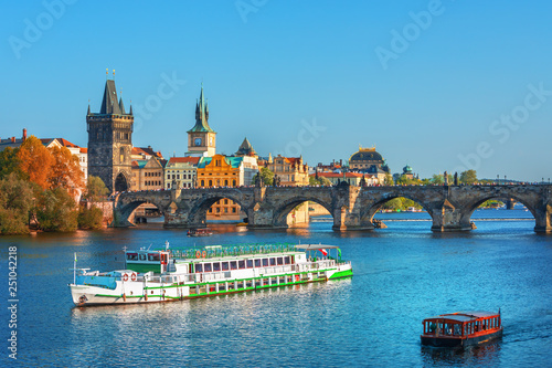 Scenic view on Vltava river and historical center of Prague,buildings and landmarks of old town, Prague, Czech Republic
