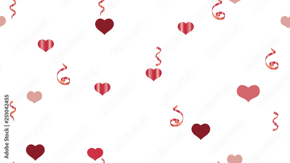 Vector Seamless Pattern on a White fond. Element of packaging, textiles, wallpaper, banner, printing. Festive Pattern of Hearts and Serpentine. Scattered Red confetti.