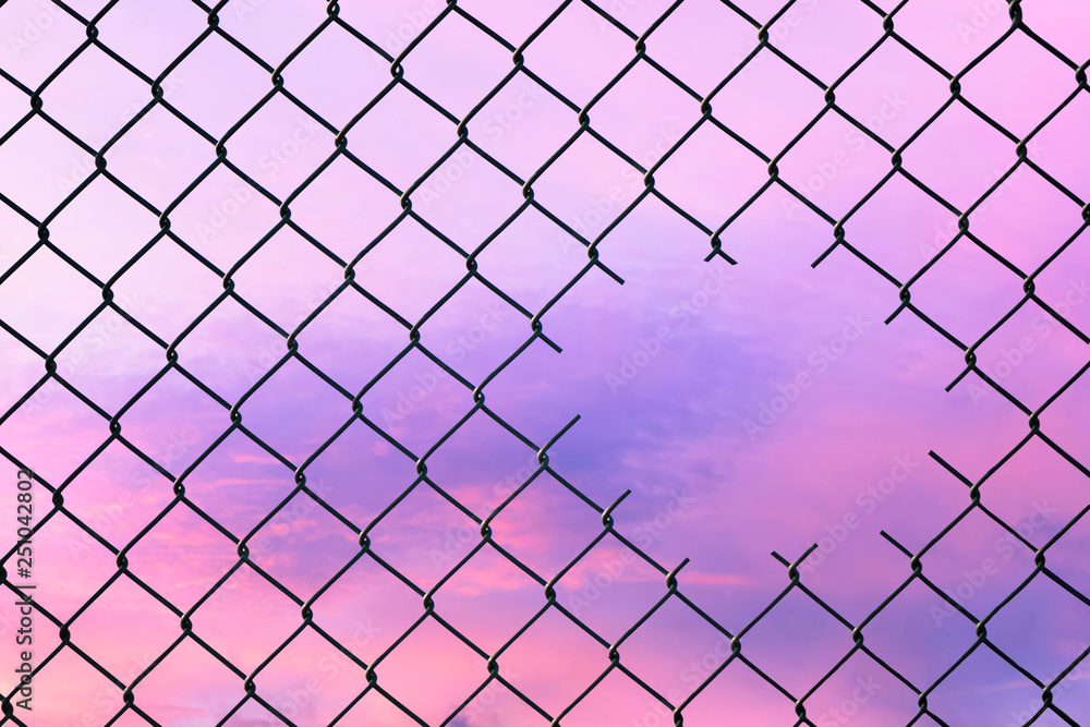 Hole in the center of mesh wire fence on the sky background. Concept of hope and freedom Hole in the center of mesh wire fence on the sky background. Concept of hope and freedom