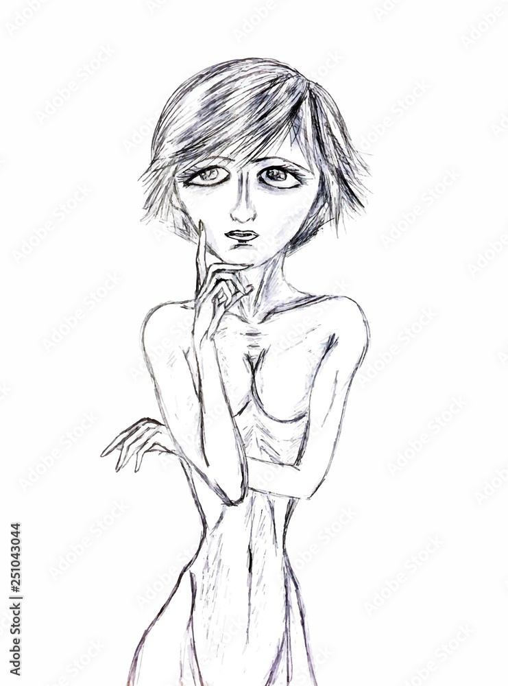 fashion model drawn to the waist stands in a thoughtful pose, holding the index finger at the face with folded hands. fashion model drawn to the waist stands in a thoughtful pose, holding the index finger at the face with folded hands.
