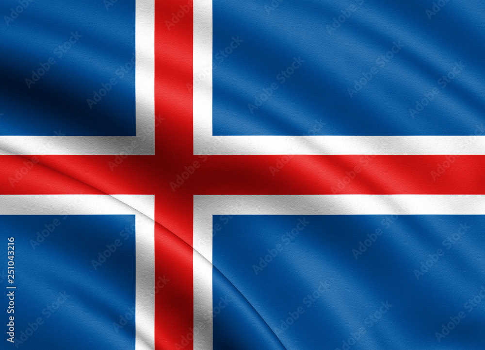 Obraz premium Iceland flag blowing in the wind. Background texture. 3d rendering, waving flag. – Illustration, capital, Reykjavik