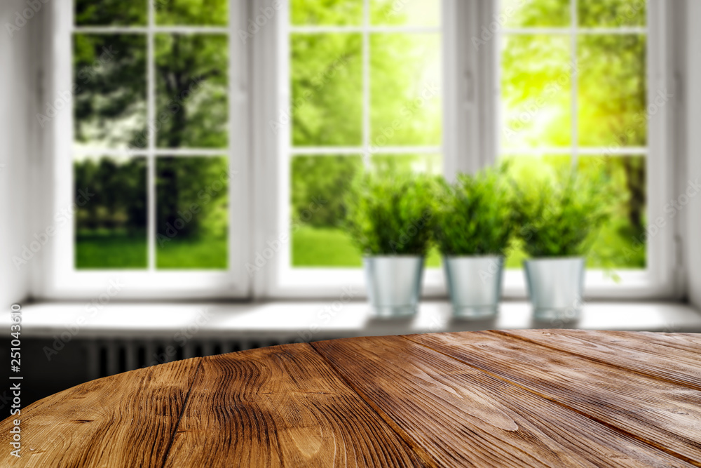 Fototapeta premium spring desk and white window space 