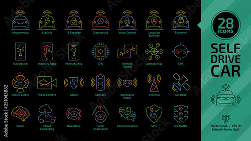 Self drive intelligent car color editable stroke thin outline icon on a black background set with driverless autonomous sensor smart vehicle, automated transport, safety technology colorful line sign.