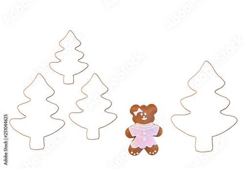 Friendly gingerbread bear in a forest - original idea, isolated on white background © Martina
