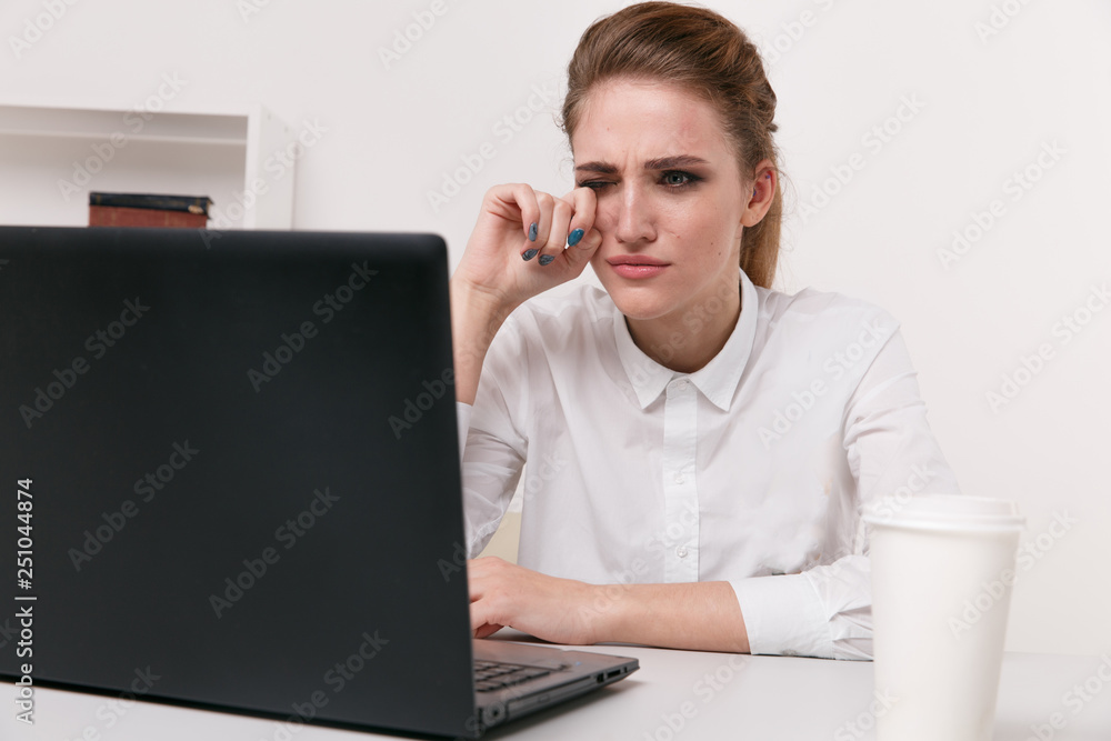 Tired businesswoman holding eyeglasses. Girl feeling discomfort from long wearing glasses at workplace. Exhausted female office worker gather herself for completing work Tired businesswoman holding eyeglasses. Girl feeling discomfort from long wearing glasses at workplace. Exhausted female office worker gather herself for completing work