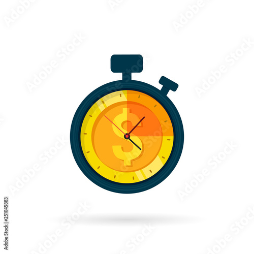 Money is time icon for apps and website. Stopwatch with coin on screen. Vector isolated illustration. Flat design. EPS 10.
