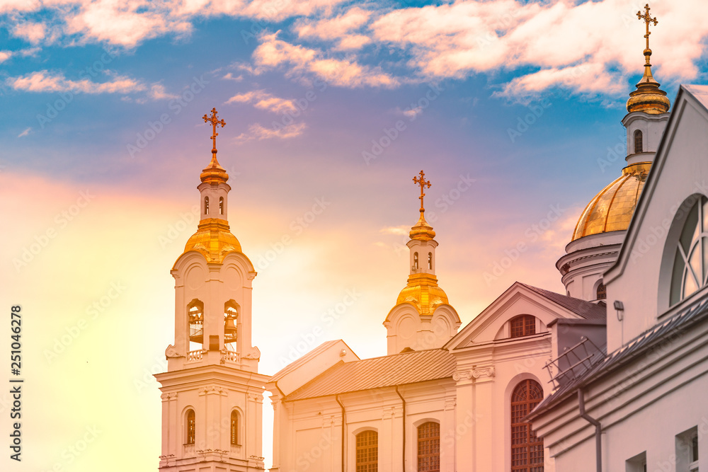 Orthodox church at sunset in Vitebsk, Belarus