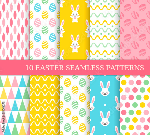 Ten different Easter seamless patterns. Endless texture for wallpaper, fill, web page background, texture. Colorful cute background with waves, stripes, Easter rabbits and eggs