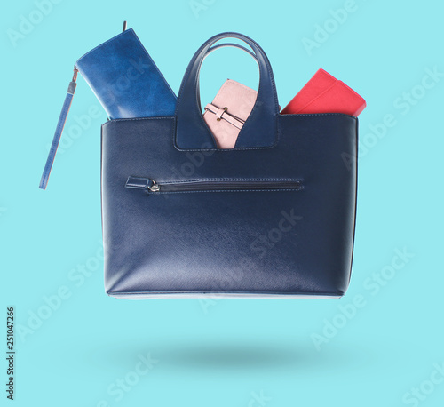3D purses in leather bag isolated on blue background.