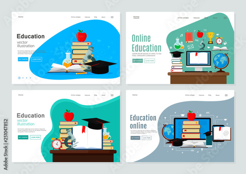 Set of landing page template for education and e-learning. Set of objects for education. Vector modern illustration. Flat design. EPS 10.