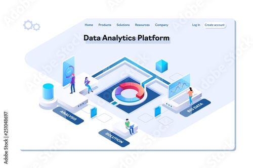 Data analytics platform isometric vector illustration.People interacting with charts and analyzing statistics. Data visualization concept.