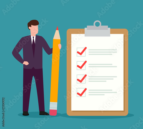 Businessman holding a pencil and standing with completed checklist. Flat design. Vector illustration. EPS 10.