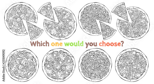 Set of different kinds of vector pizzas. Sketch.