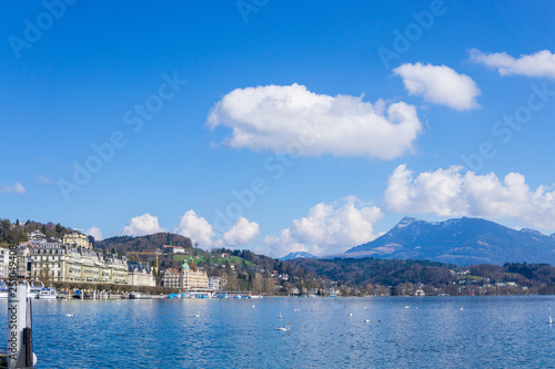 View of lake Lucerne with the view of mountains and Swiss Alps in the background, sunny day