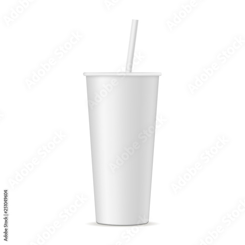 Soda cup with straw mockup isolated on white background - front view. Vector illustration