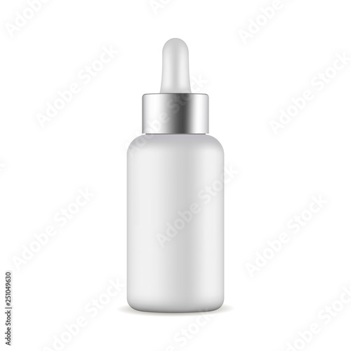 Dropper bottle with metal cap mockup isolated on white background. Vector illustration