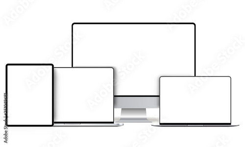 Modern devices mockups with blank frameless screens: computer monitor, laptop, tablet. Vector illustration