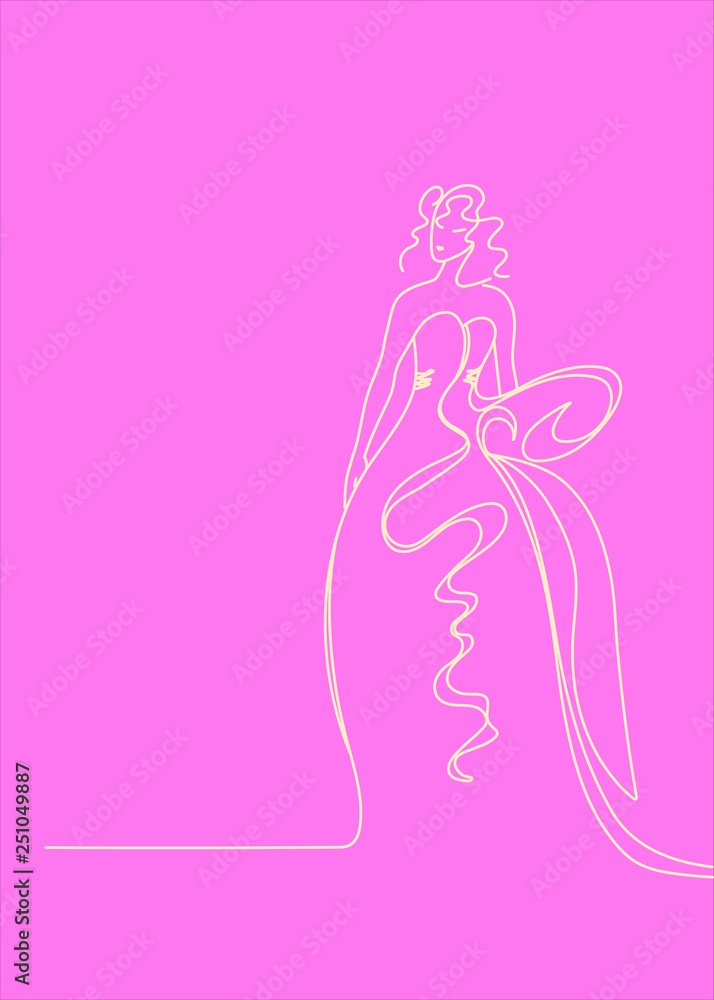 Pink background. Elegant line drawing of a girl. A girl in a long dress. Stock vector illustration. Silhouette. Minimalism. Coloring book Pink background. Elegant line drawing of a girl. A girl in a long dress. Stock vector illustration. Silhouette. Minimalism. Coloring book