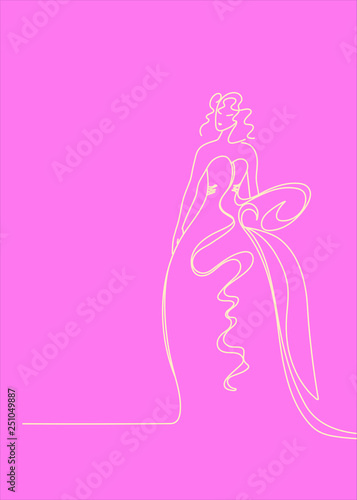 Pink background. Elegant line drawing of a girl. A girl in a long dress. Stock vector illustration. Silhouette. Minimalism. Coloring book