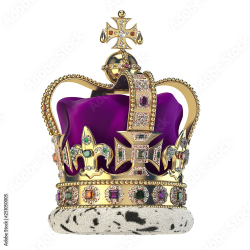 English golden crown with jewels isolated on white. Royal symbol of UK monarchy.