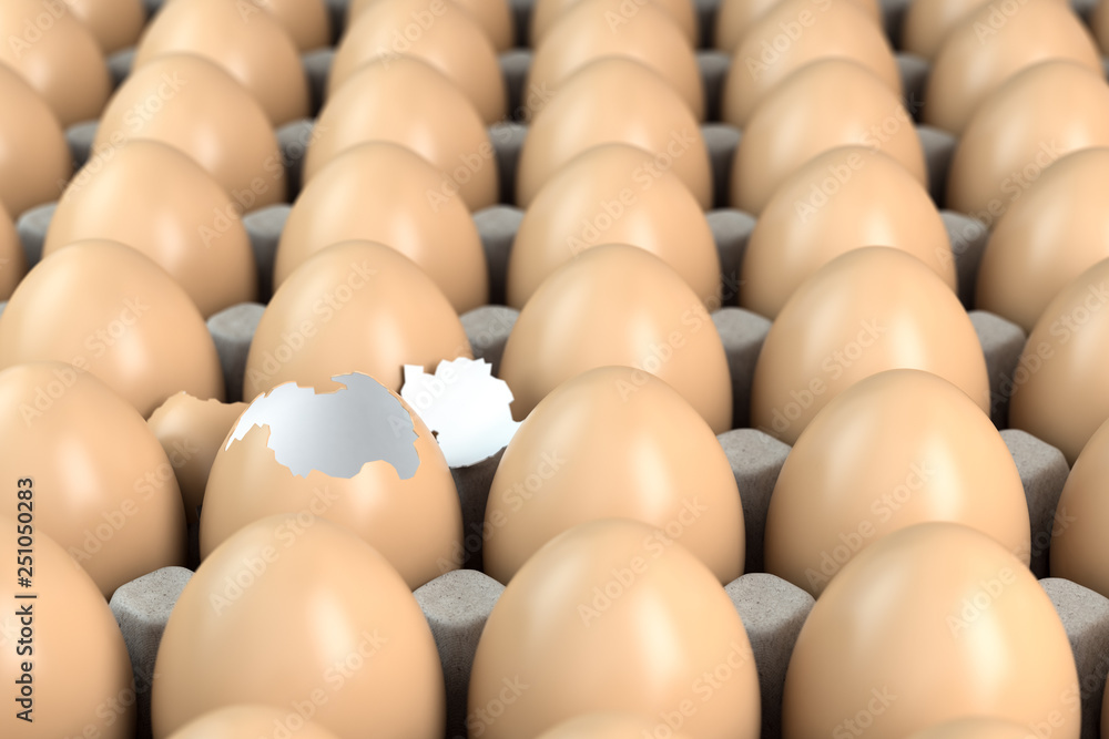 Cardboard tray with brown eggs, one egg is broken. Leader or individuality concept. Cardboard tray with brown eggs, one egg is broken. Leader or individuality concept.