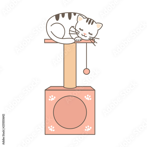 cute cartoon vector cat house and scratching post with lovely sleeping kitten