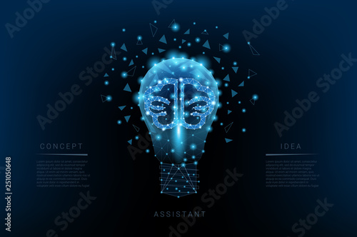 Light bulb of triangles and luminous brain and points. Background of beautiful dark blue night sky. Concept idea. Vector Polygonal illustration. Low poly